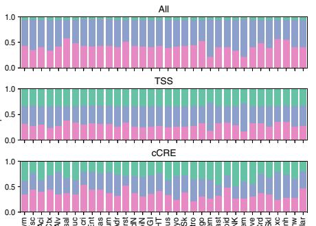 Fig.2H: 三类 methylation compartments 在 whole genome、TSS 与 cCRE 中的谱系分布。